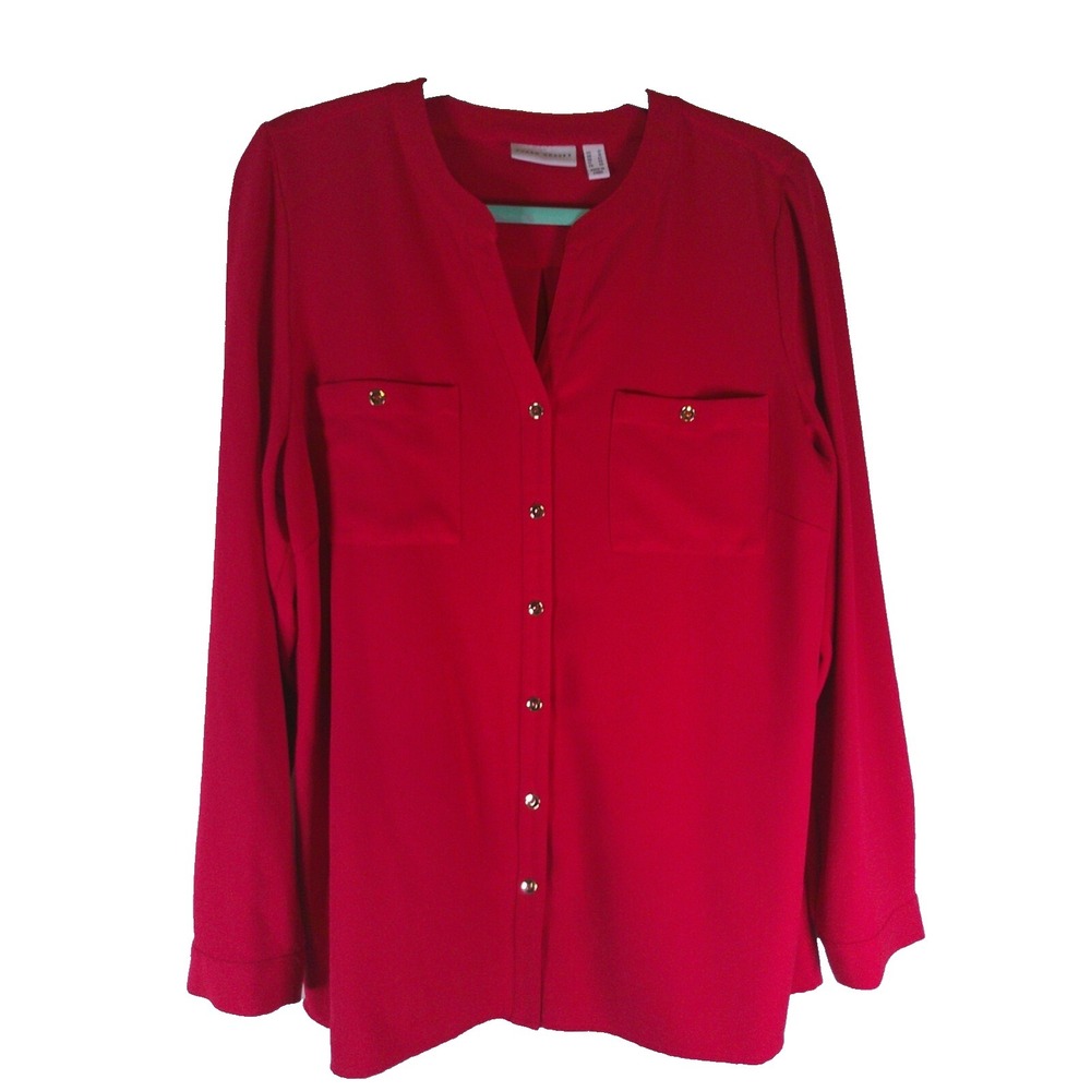 Susan Graver Cherry Red/Gold Button Roll Tab Sleeve Blouse Womens Size 12